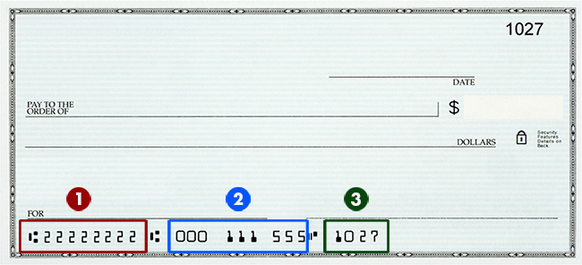 1. Routing Number 2. Account Number 3. Check Number